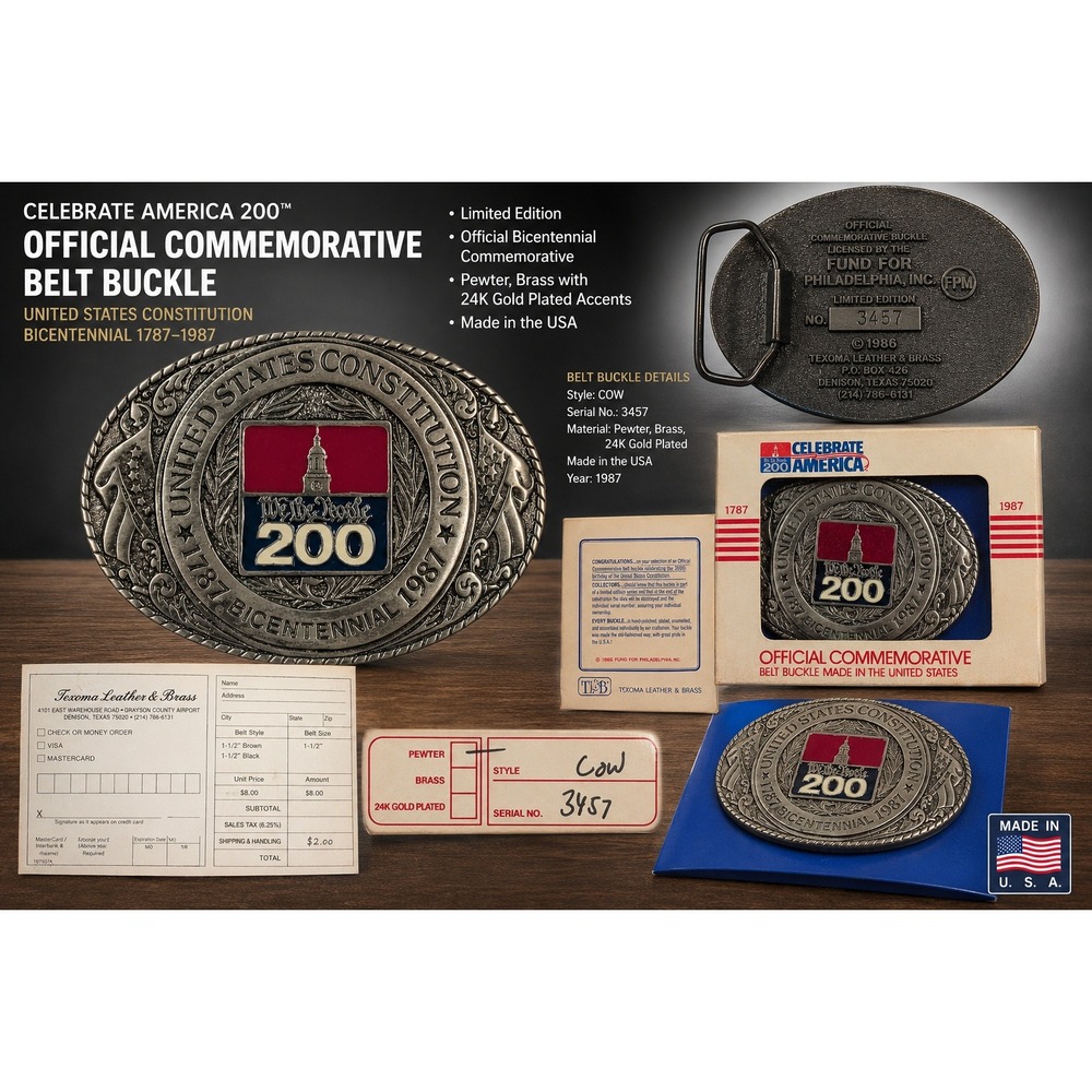 Vintage 1987 US‎ Constitution Bicentennial Belt Buckle Texoma Pewter Limited Ed